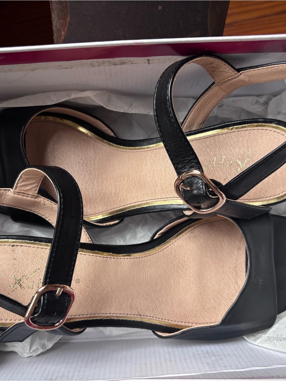 x-appeal Black Strappy Low Heel Sandals with Gold Trim